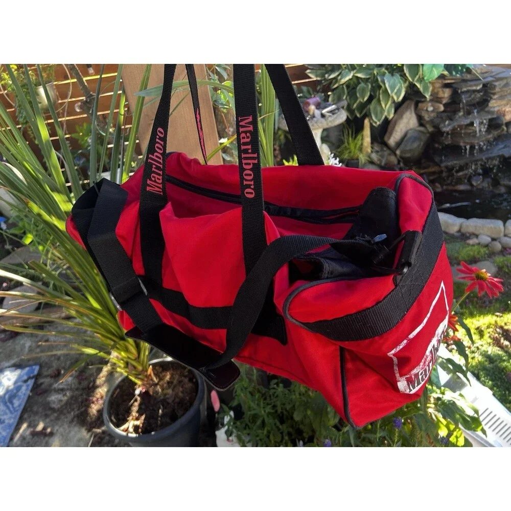 Y2K Vintage 90s Marlboro Red Duffle Gym ￼ Marlboro Miles Travel Bag 20” Strap